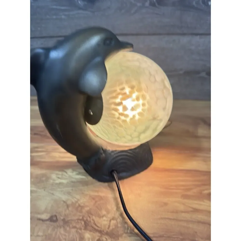 Vtg Art Deco Dolphin TV Lamp Figural Metal Bronze Tone Satin Glass Globe Light